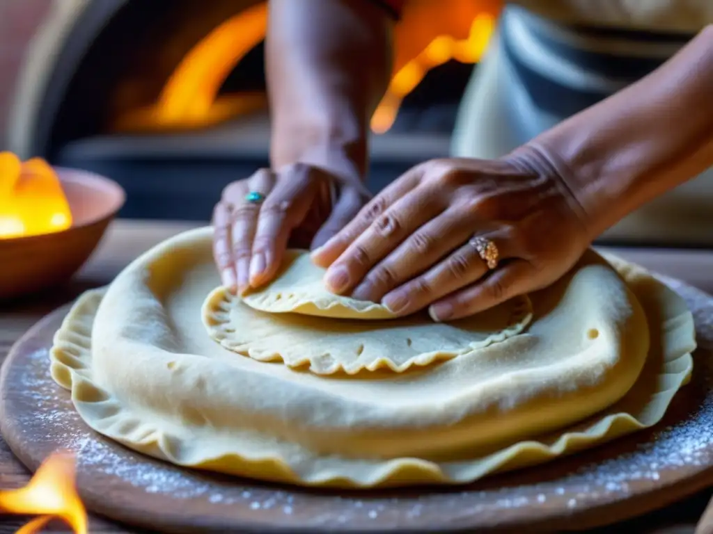 Manos expertas moldeando masa en tortilla redonda, resaltando detalles y tradición culinaria