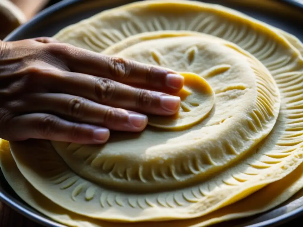 Manos expertas moldeando masa en tortilla redonda