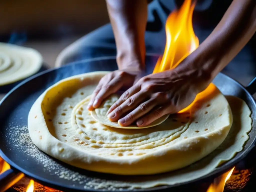 Manos expertas moldean masa para tortillas sobre un comal, resaltando la tradición y el arte culinario mexicano