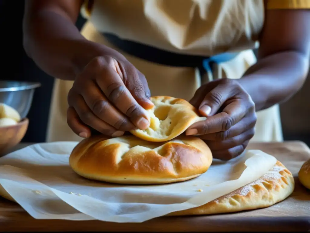 Unas manos expertas moldeando masa para 'vetkoek' en la cocina sudafricana durante el Apartheid