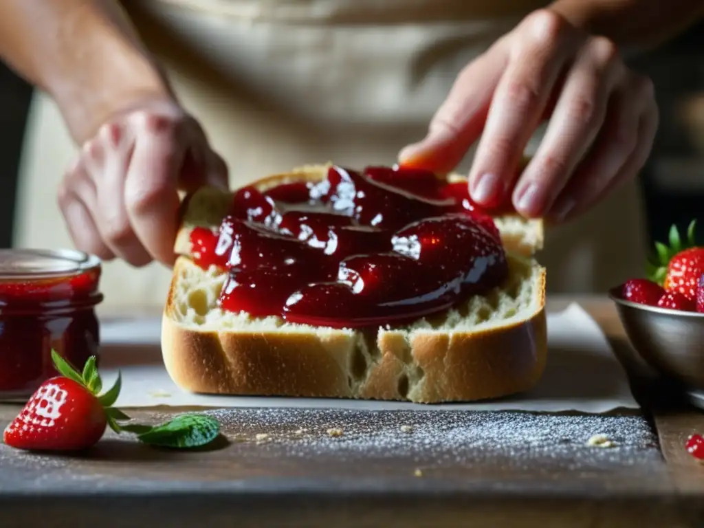 Manos expertas esparciendo mermelada de fresa en pan recién horneado, en una cocina rústica