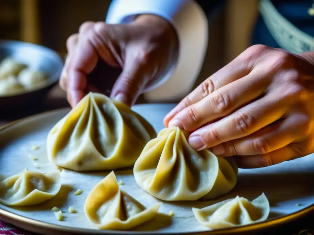 Unas manos expertas moldean dumplings moldavos con arte y precisión, en una representación de la cocina moldava tradicional