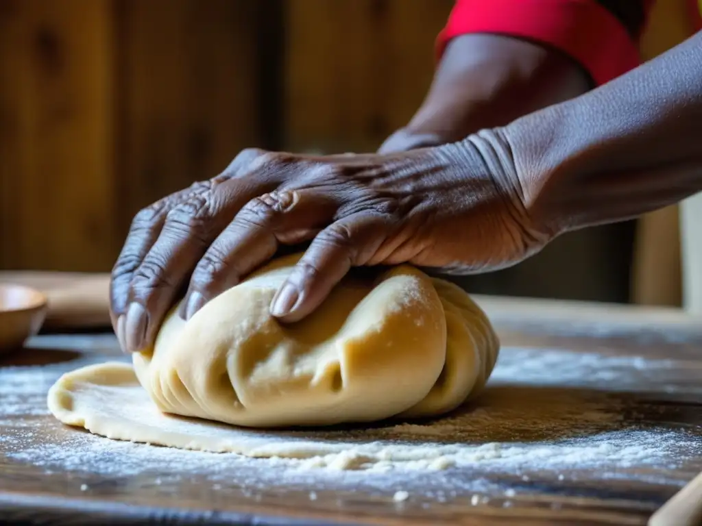 Manos expertas de mujer afrocaribeña amasando masa en mesa rústica, resaltando historia cocina criolla legado esclavitud