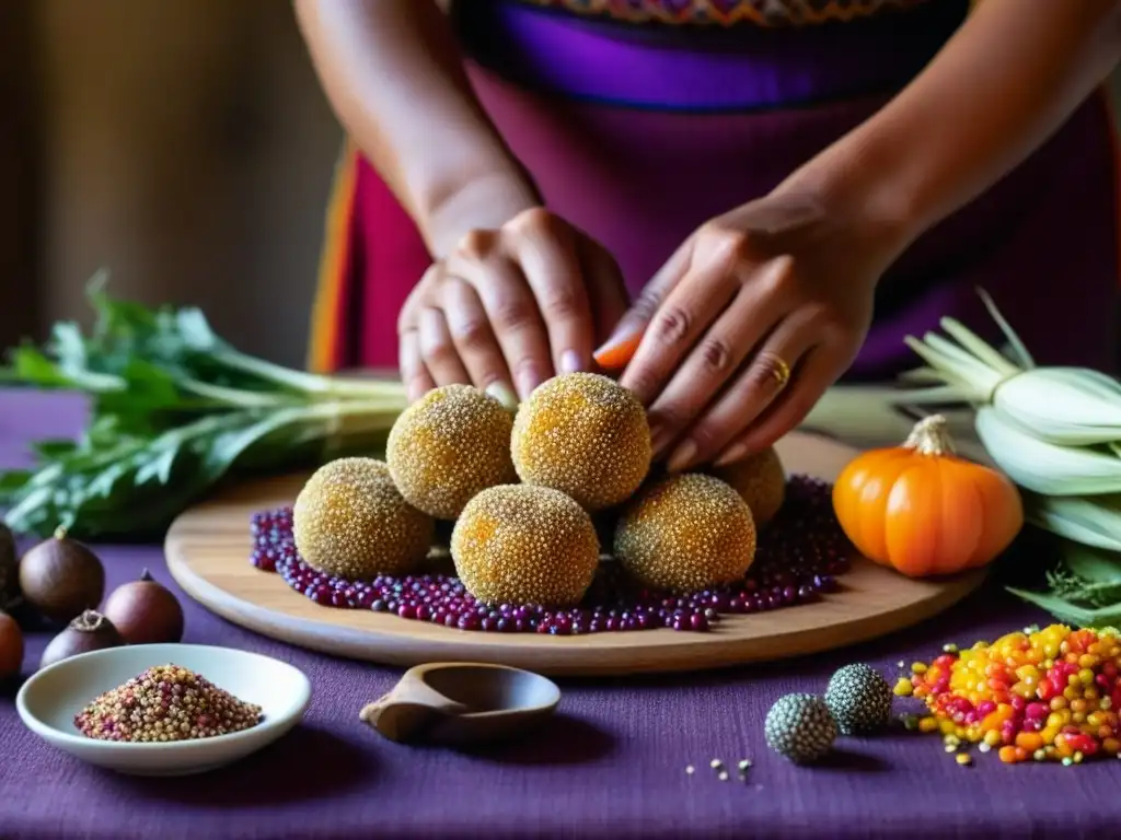 Manos expertas de mujer andina preparando recetas históricas quinua cocina Andes con ingredientes coloridos y tradicionales