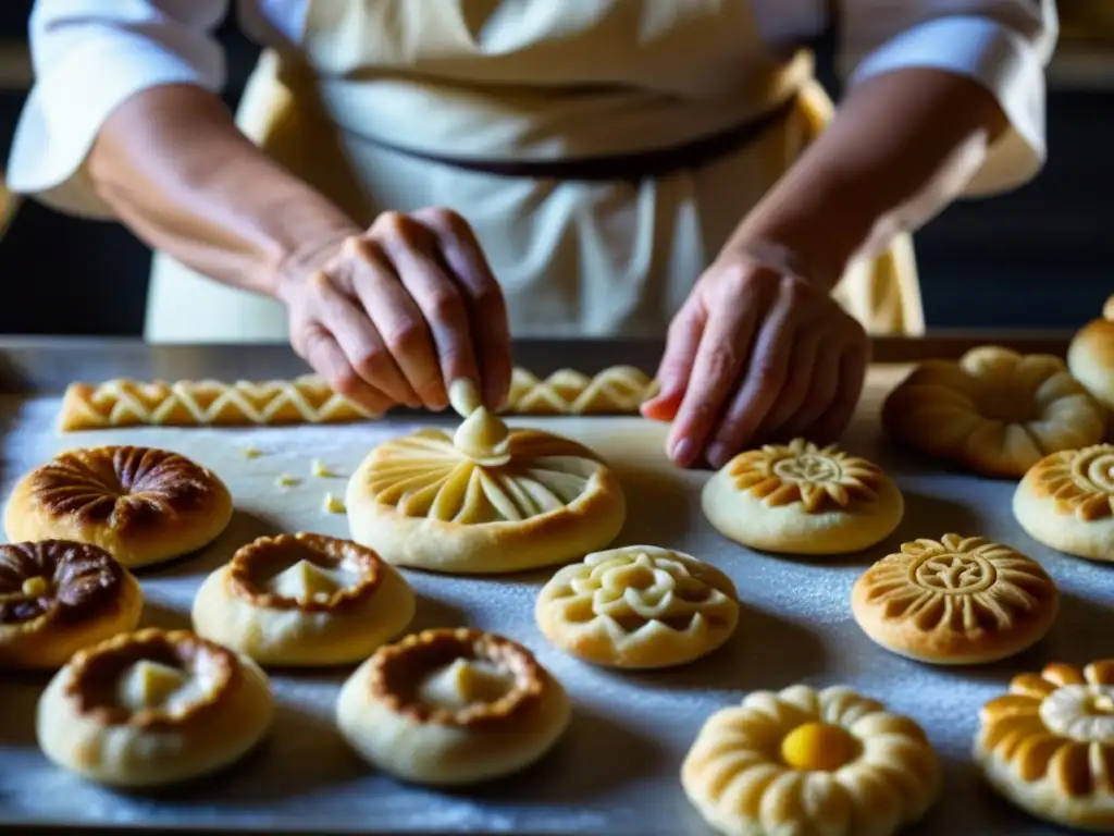 Manos expertas de mujer en cocina bizantina moldeando delicados pastelillos