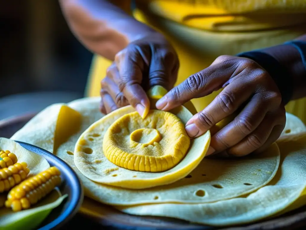 Manos expertas de mujer indígena moldeando masa de maíz amarillo en tortillas, resaltando la transformación de la cocina indígena en la era colonial