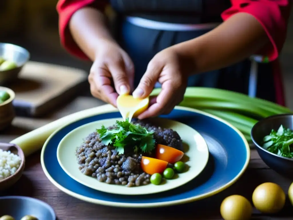 Las manos expertas de una mujer Mapuche preparando una receta Patagónica, fusionando culturas culinarias en la región