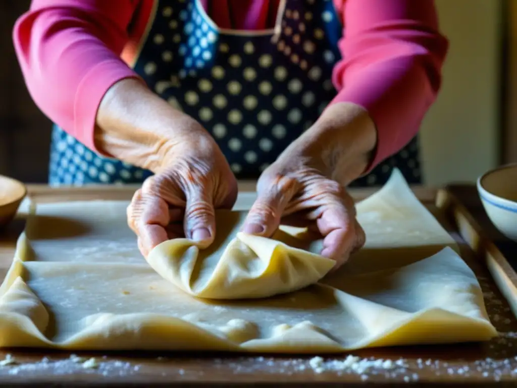 Manos expertas de mujer mayor amasando masa para dumplings, resaltando tradición y destreza en recetas tradicionales Europa del Este