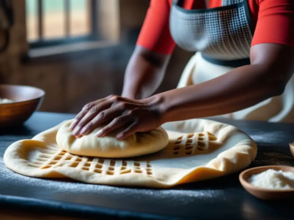 Las manos expertas de una mujer negra sudafricana amasando roosterkoek, simbolizando la cocina tradicional durante el apartheid