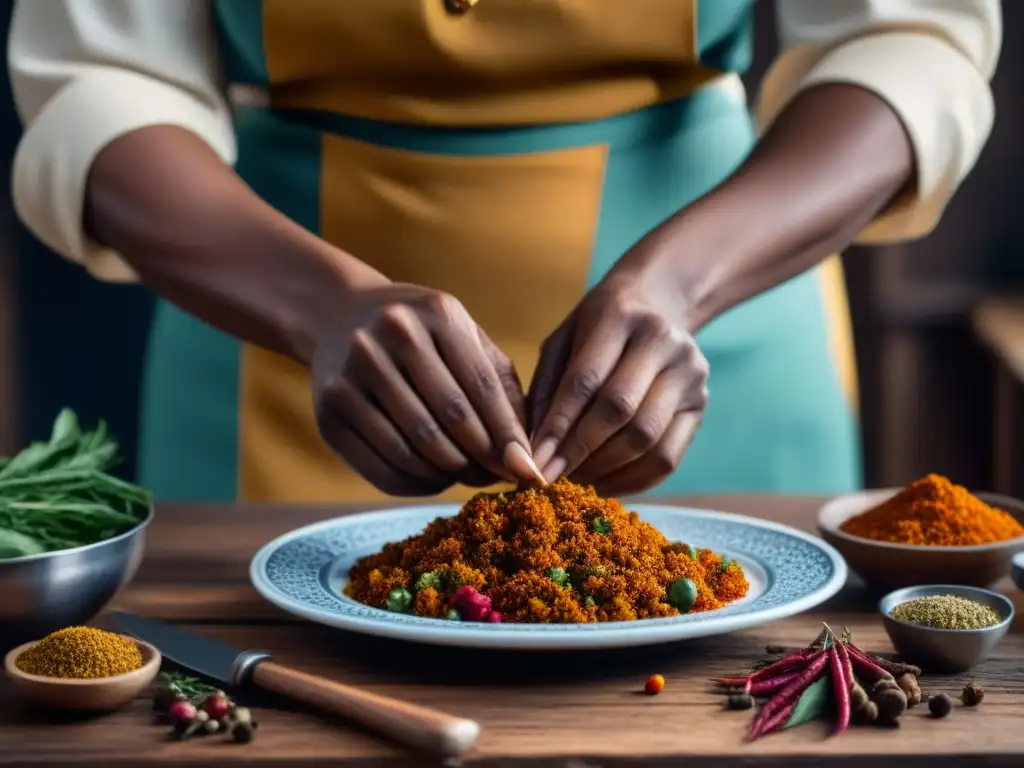 Manos expertas de mujer sudafricana preparando plato tradicional postApartheid