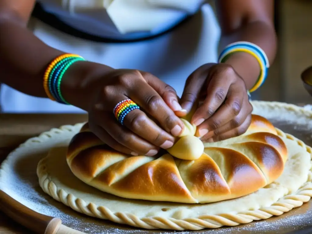 Manos expertas de una mujer sudafricana trenzando masa para roosterkoek, mostrando la influencia del apartheid en recetas históricas