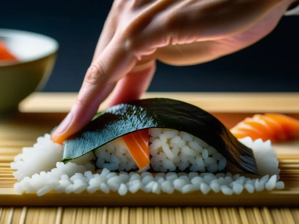 Manos expertas creando nigiri, reflejando la influencia gastronomía Era Meiji