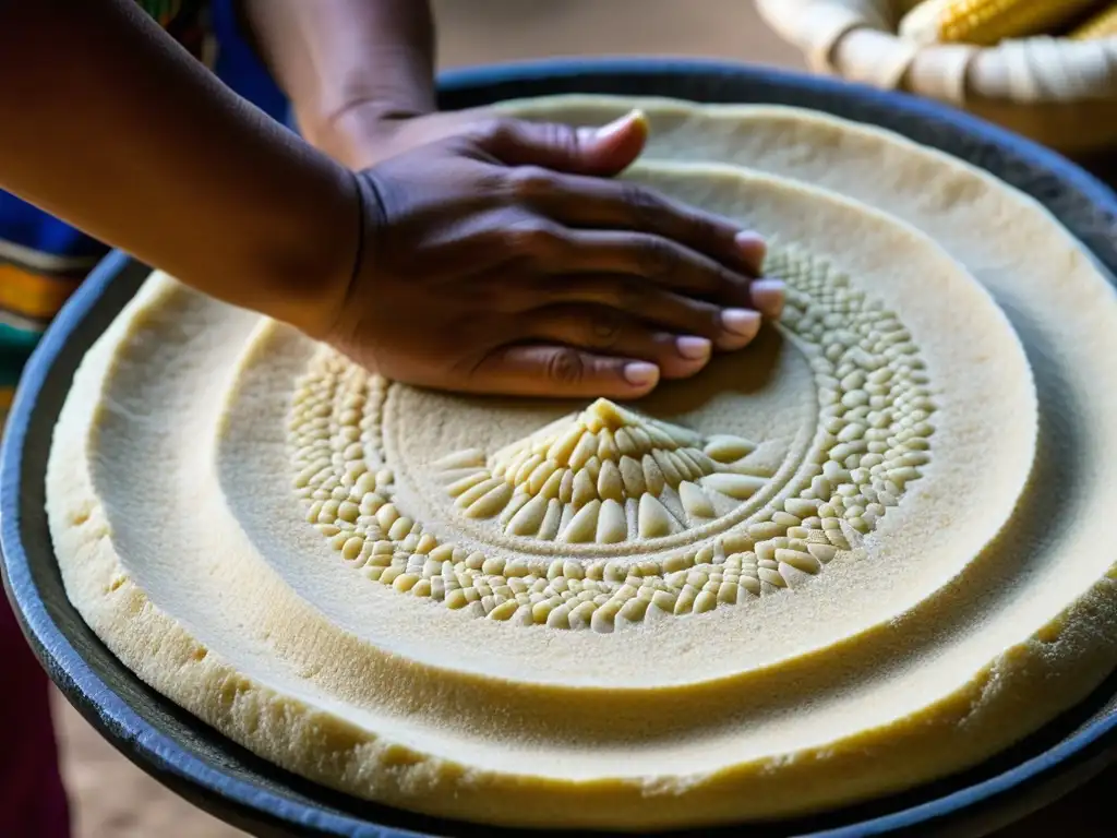 Manos expertas moliendo maíz nixtamalizado en un metate, mostrando la historia del nixtamal y tortillas