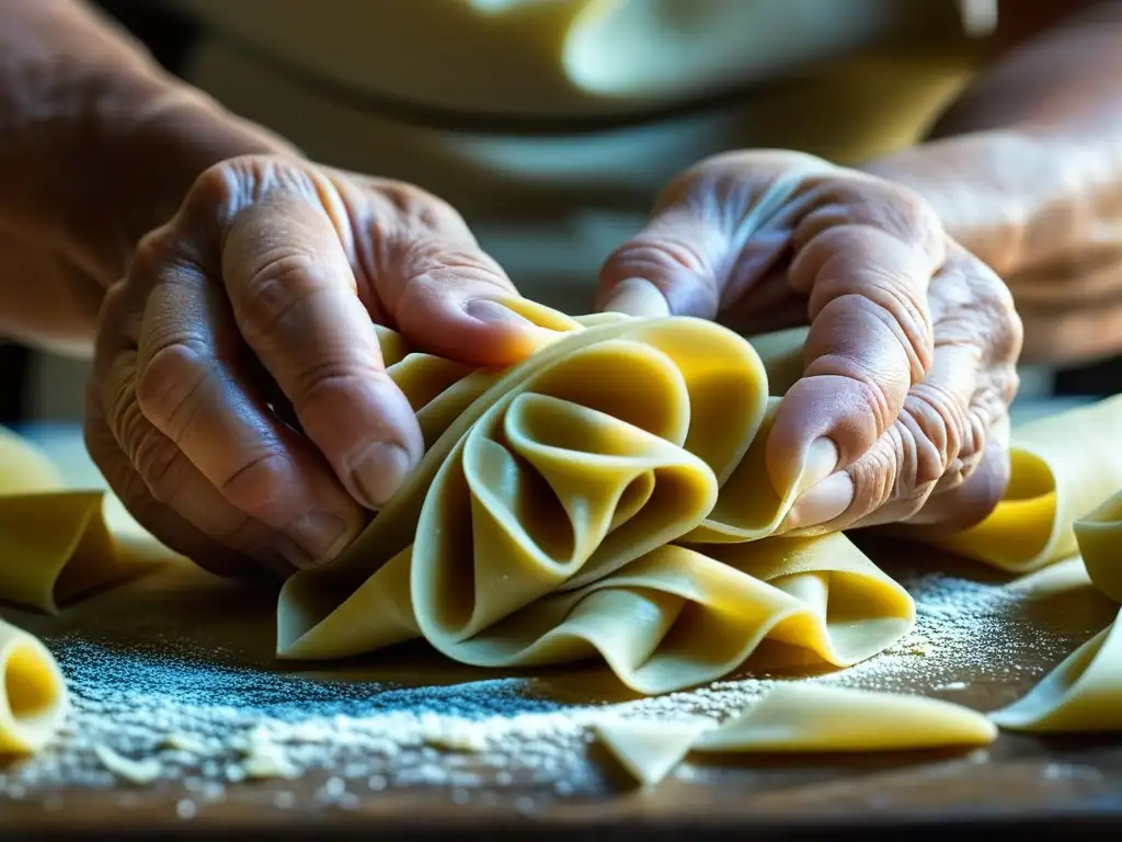 Manos expertas de una nonna italiana creando pasta tradicional artesanalmente