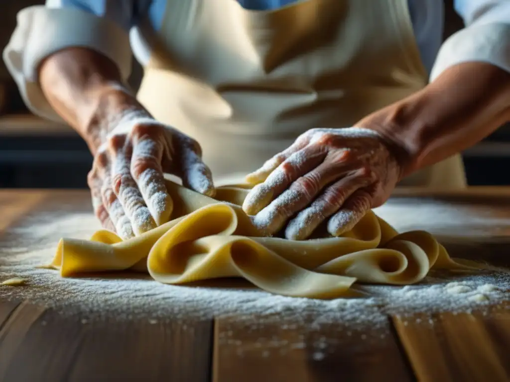 Las manos expertas de una nonna italiana amasando pasta fresca en una mesa de madera, mostrando la influencia italiana en la comida