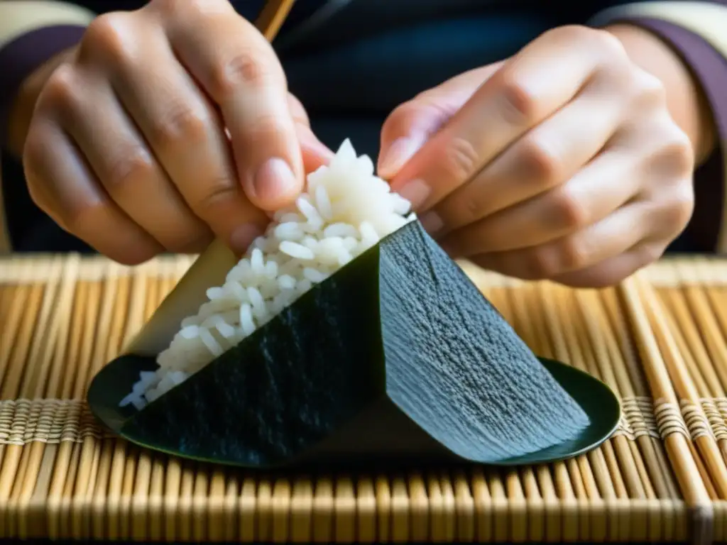 Manos expertas moldeando un onigiri con perfección, sobre esterilla de bambú, destacando la historia del onigiri tradicional