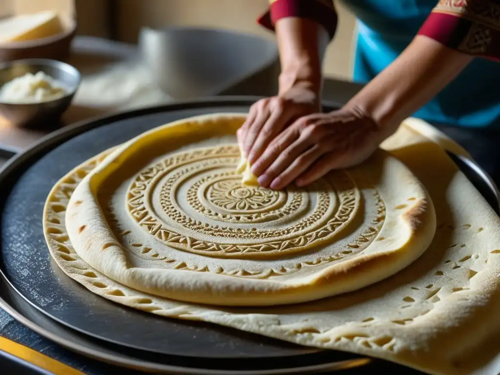 Manos expertas preparando pan lavash en cocina armenia