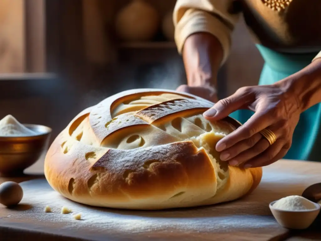 Manos expertas moldeando pan Magreb, detalle textura y técnica, cocina rústica y auténtica