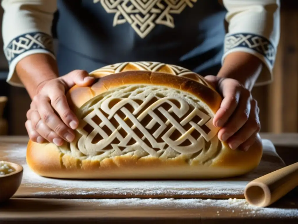 Unas manos expertas moldeando un pan nórdico tradicional, con símbolos rúnicos y harinas, evocando recetas ancestrales