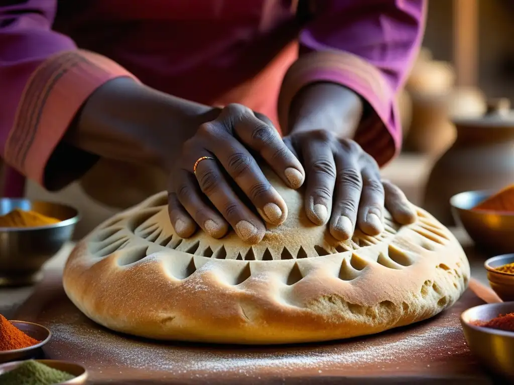 Manos expertas elaborando pan tradicional africano en cocina desértica llena de color y secretos culinarios