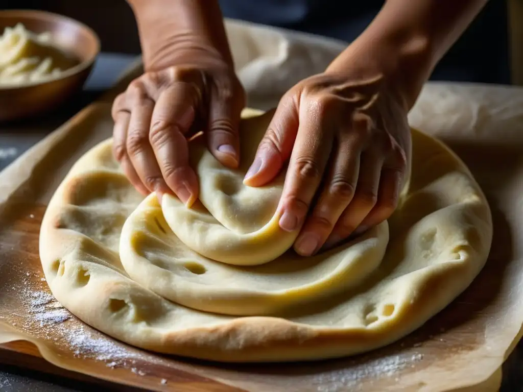 Las manos expertas del panadero moldean con destreza la masa de Naan, resaltando la textura y elasticidad