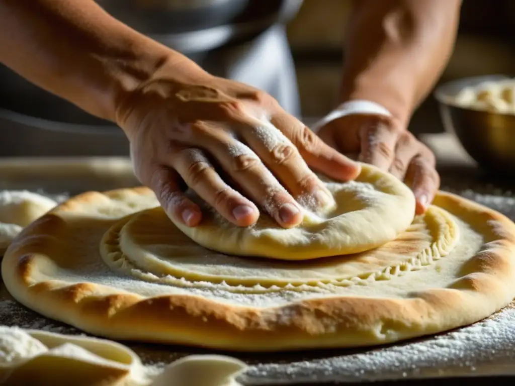 Las manos expertas de un panadero moldeando masa para pan persa, capturando la evolución del pan cocina persa con destreza y tradición