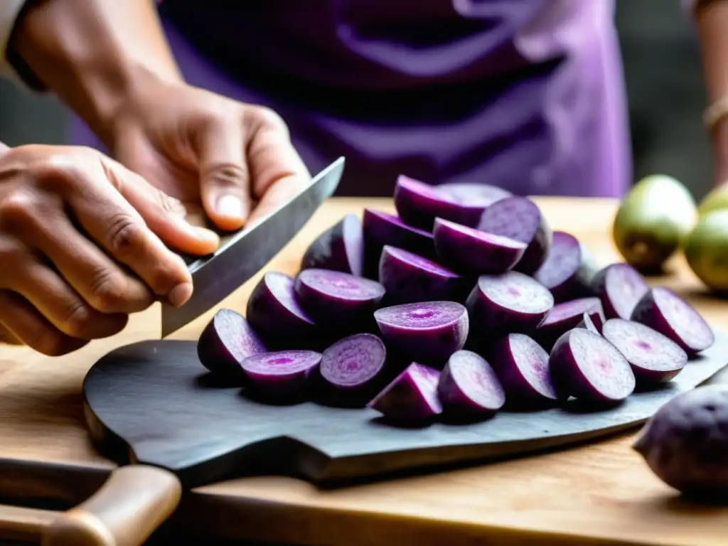 Manos expertas cortan papas moradas peruanas en rebanadas, mostrando sus patrones y texturas únicas