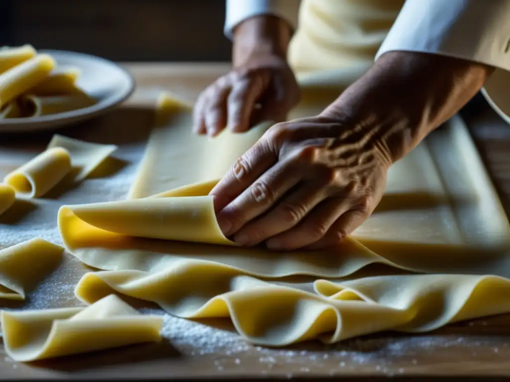 Manos expertas creando pasta fresca con texturas y transparencias