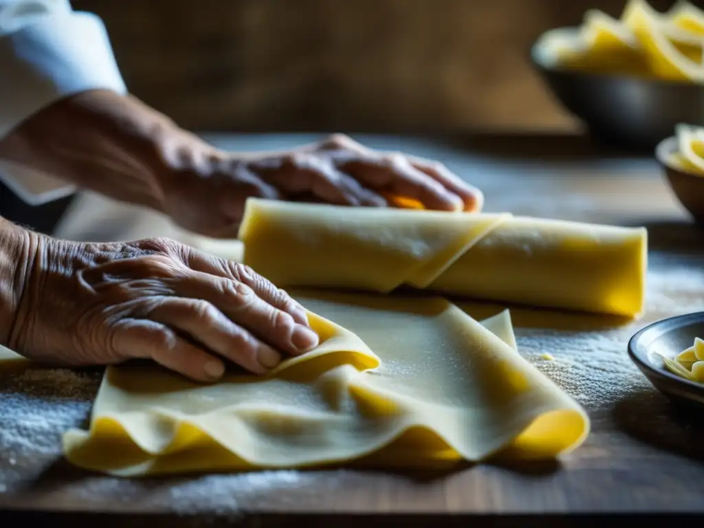 Manos expertas crean pasta tradicional en una cocina rústica