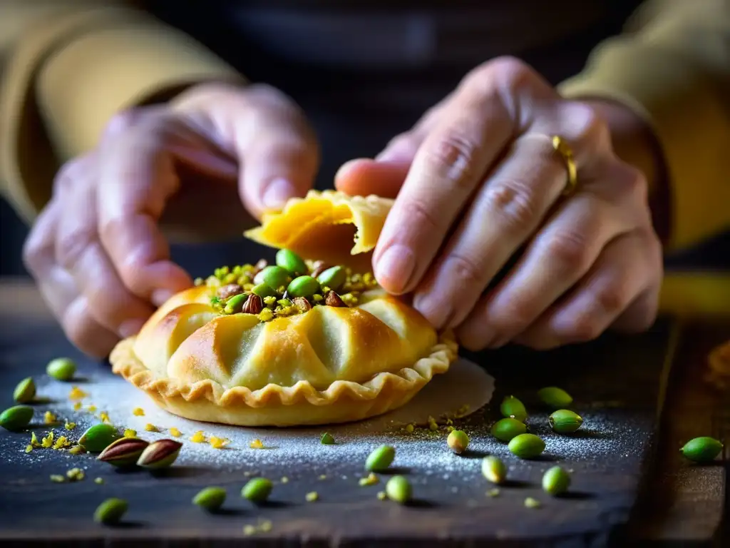 Manos expertas moldeando pastelería árabe, con saffron y pistachos