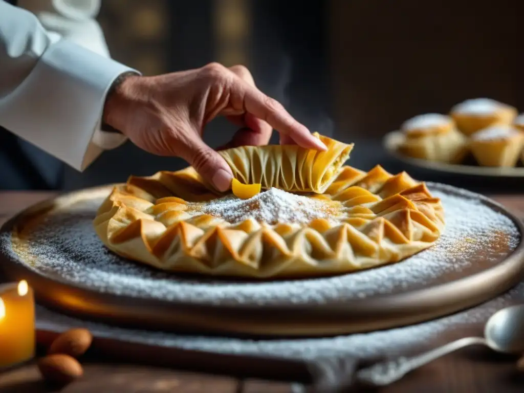 Manos expertas preparando una pastilla marroquí, resaltando sus capas de masa y relleno especiado