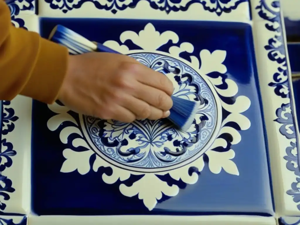 Manos expertas pintan patrones azules y blancos en azulejo Talavera, reflejando la historia cerámica y cultura