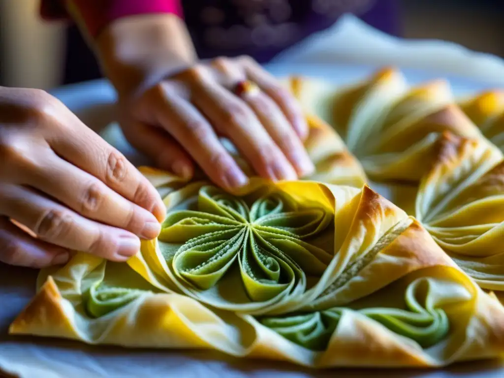 Unas manos expertas crean patrones en masa filo para Baklava turco, mostrando recetas históricas de la Ruta de la Seda