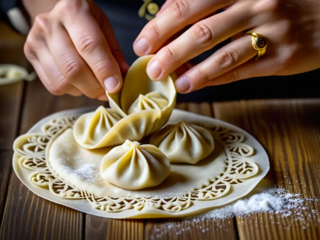 Manos expertas elaborando pelmeni con detalle artístico