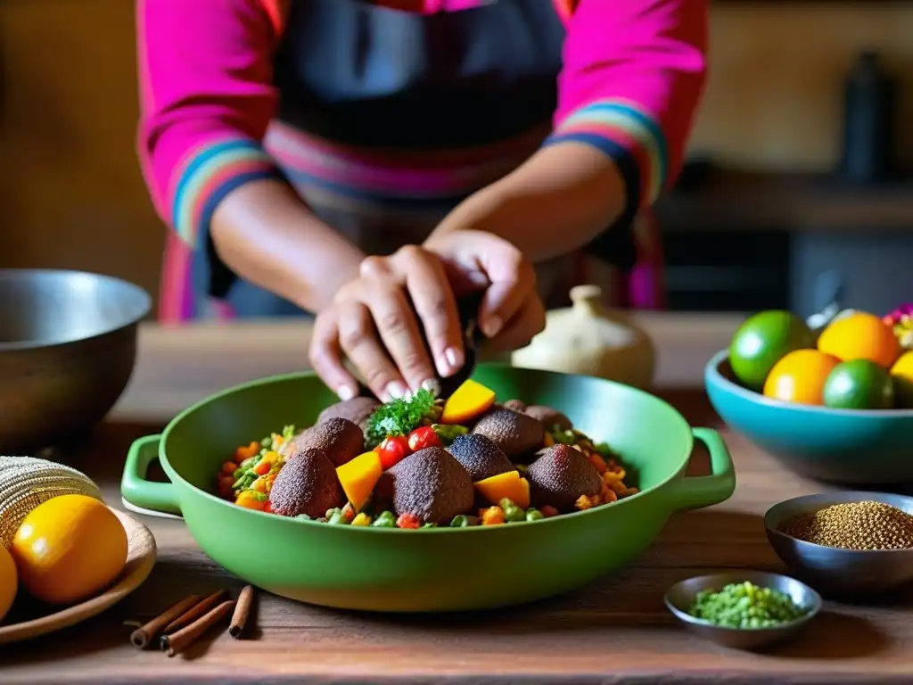 Manos expertas preparan Pepián de Cuy, resaltando origen y receta del plato andino