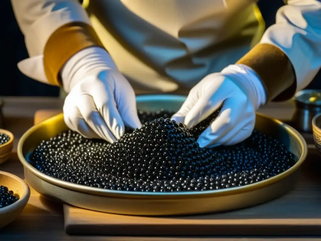 Manos expertas seleccionando perlas de caviar en taller francés