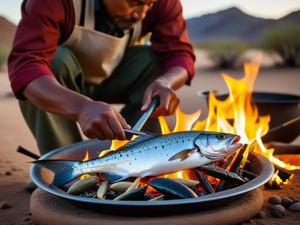 Manos expertas preparan pescado en desierto, destacando recetas históricas culturales caza pesca