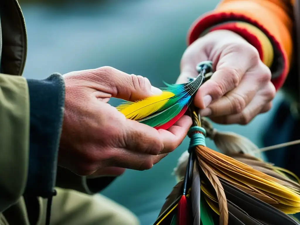 Manos expertas de pescador nórdico atando anzuelo tradicional