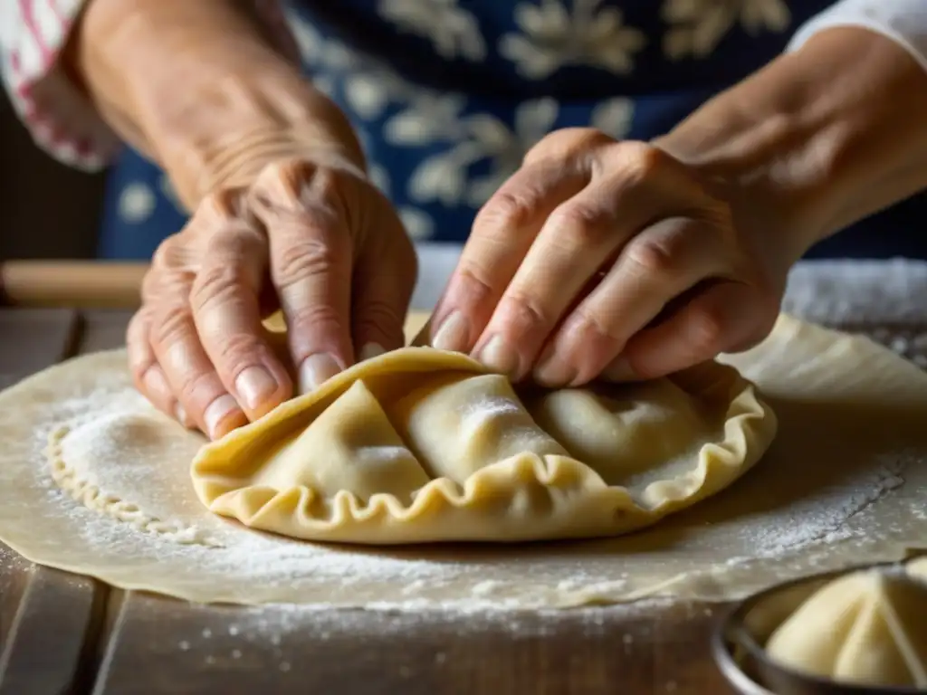 Manos expertas preparando pierogi en cocina nostálgica