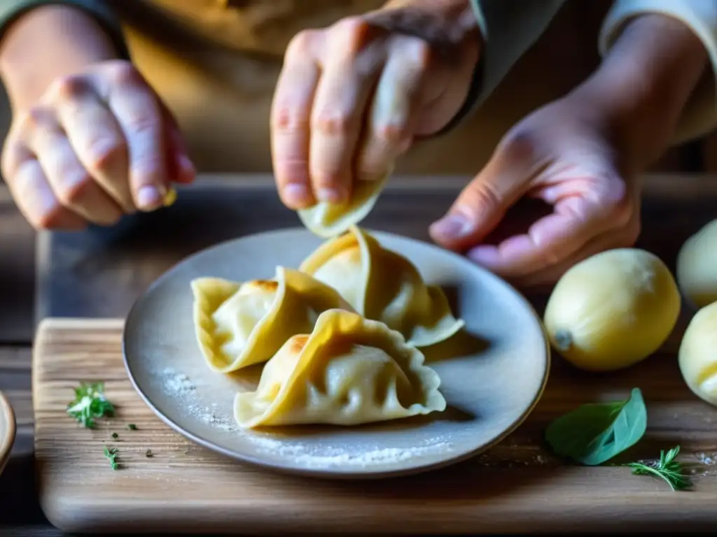 Manos expertas moldeando pierogi en cocina tradicional