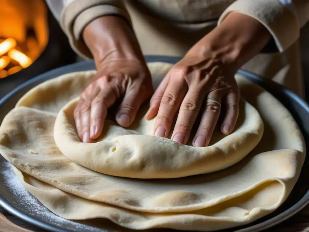 Unas manos expertas estiran una pieza de pan Lavash, mostrando su textura elástica antes de hornearse en un horno de barro armenio