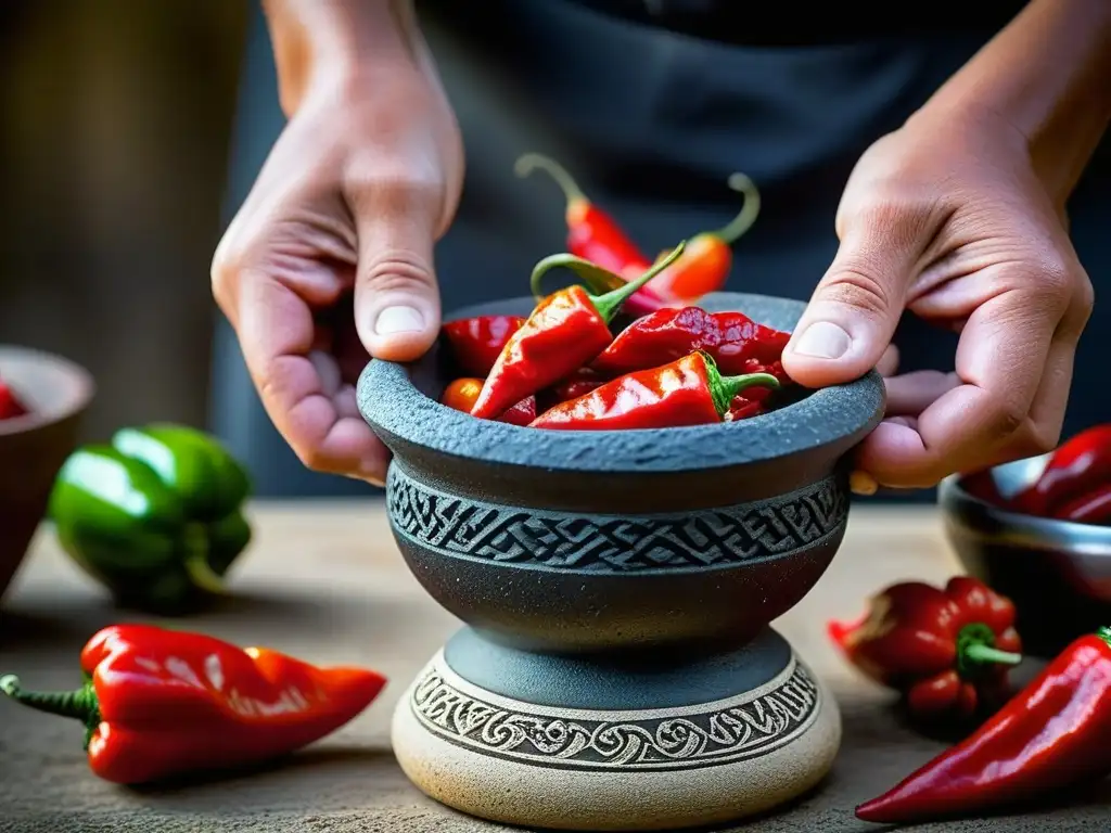 Unas manos expertas muelen pimientos rojos en un mortero de piedra, evocando recetas históricas culturas épocas contexto