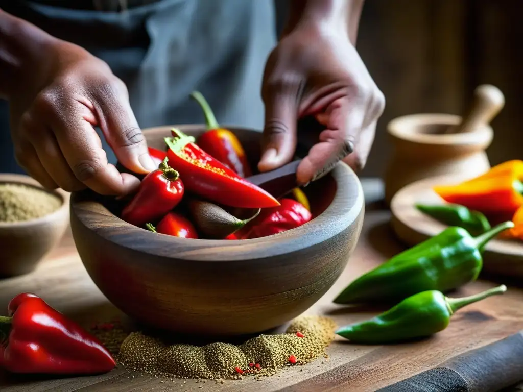 Manos expertas moliendo pimientos rojos africanos en mortero de madera, preservación recetas africanas tecnología