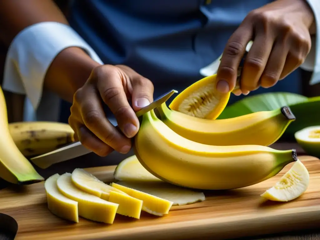 Unas manos expertas cortan plátano para recetas tradicionales en Micronesia, mostrando su frescura y calidad