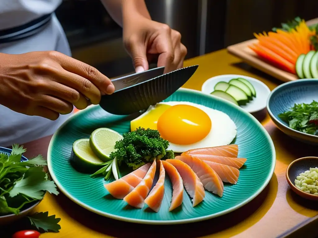 Manos expertas preparando un plato Nikkei en cocina peruana tradicional, destacando la fusión culinaria