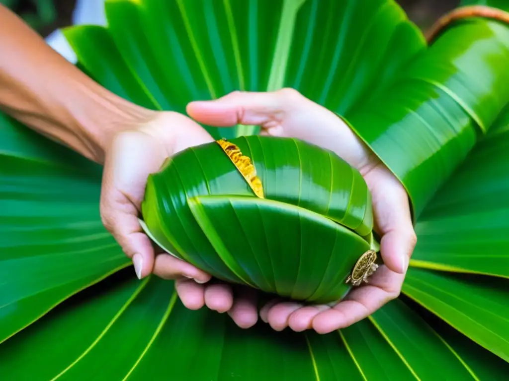 Manos expertas envuelven plato en hoja de plátano verde, mostrando técnica tradicional