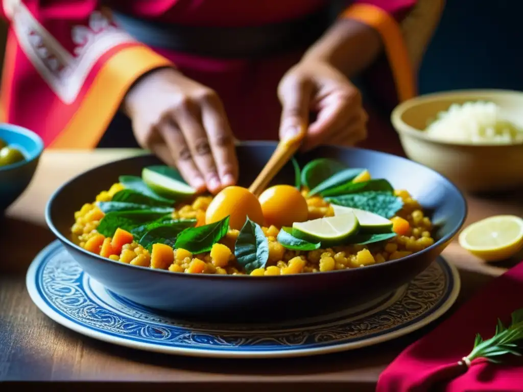 Manos expertas preparando un plato saheliano tradicional con colores y texturas vibrantes