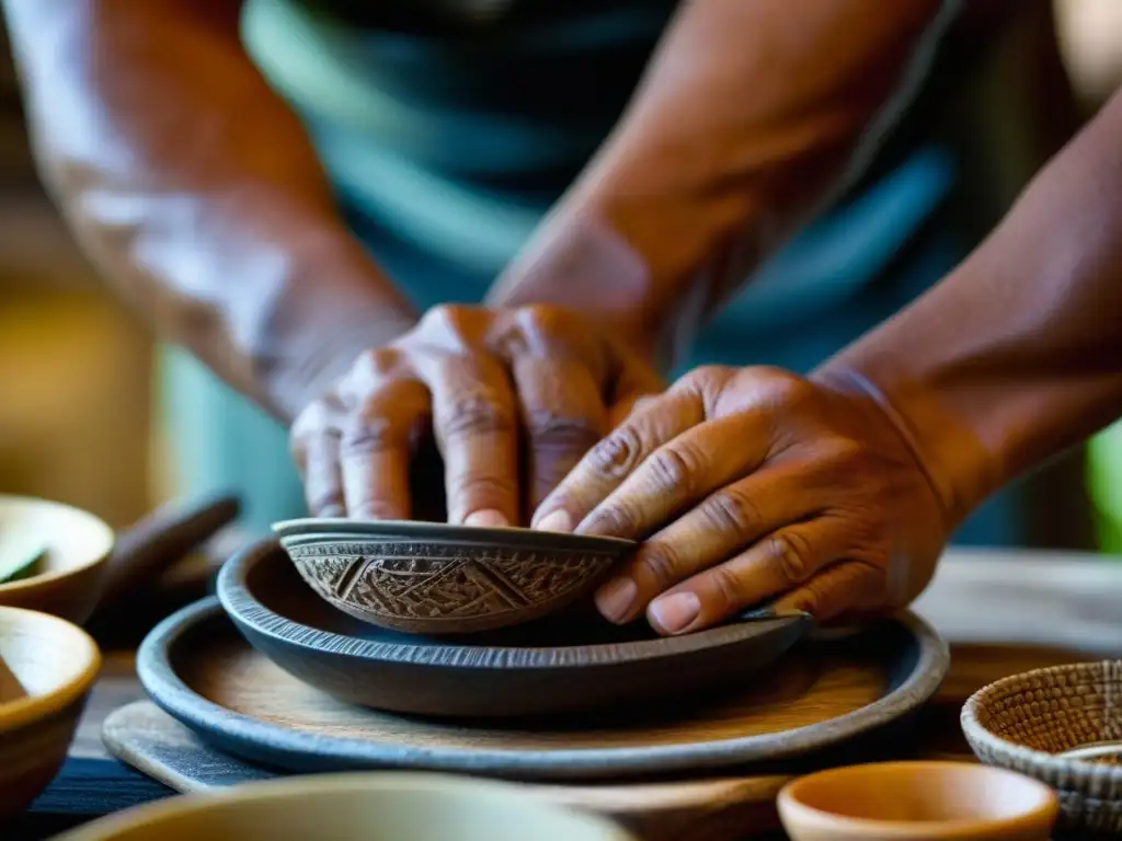 Manos expertas moldeando plato tradicional en Micronesia, recetas familiares cocina micronesia