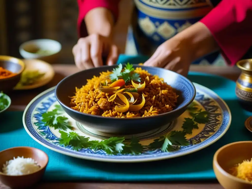 Arte culinario uzbeko: detalle de plato tradicional con especias Manos expertas preparando un plato uzbeko tradicional con especias vibrantes en un plato de cerámica
