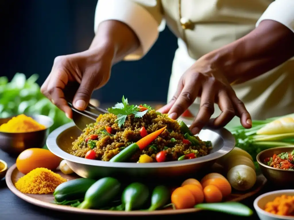 Manos expertas preparando platos festivos, resaltando la gastronomía de culturas históricas en IndoChin